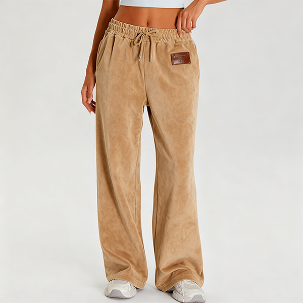 Tan Velour Wide-Leg Pants with Leather Patch